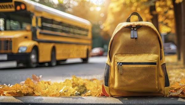A yellow backpack sits on a sidewalk covered with autumn leaves, with a yellow school bus blurred