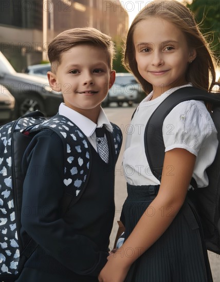 Two smiling schoolchildren, a boy and a girl, wearing school uniforms and backpacks, standing
