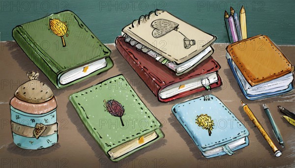 A stack of books with a green book on top and a red book on the bottom. The books are decorated
