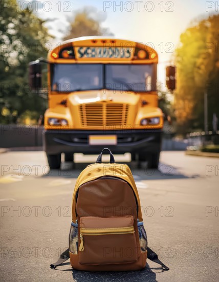 A brown backpack placed on the road with a yellow school bus approaching in the background. The