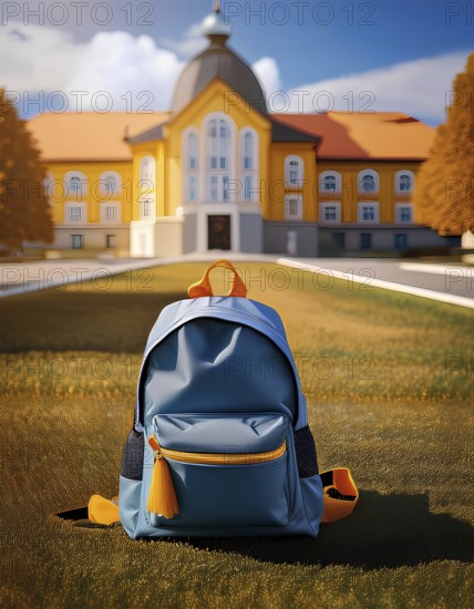 A blue and yellow backpack placed on the lawn of a school campus with a large, historic building in