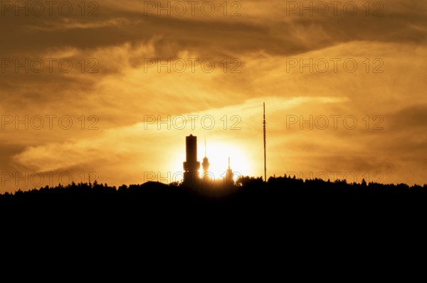 Feldberg tower in the evening glow of the setting sun. Großer Feldberg in the Taunus, Hesse,