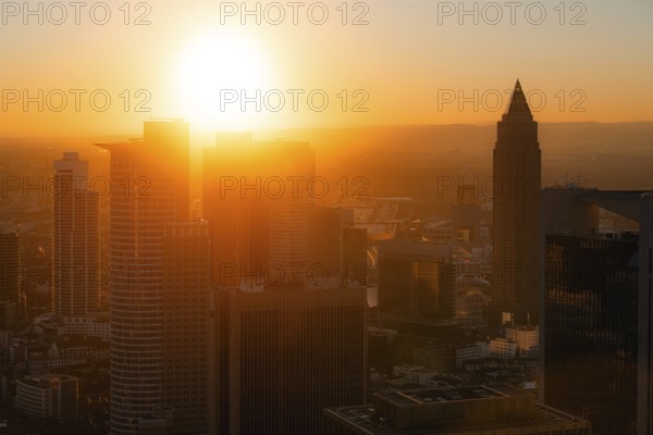 Golden sunset over the skyline. Banking district, Frankfurt am Main, Hesse, Germany