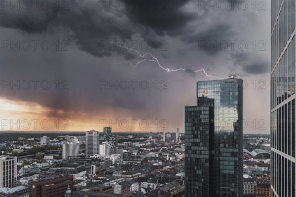 Spectacular storm front with lightning and heavy rain over the financial metropolis. Frankfurt am