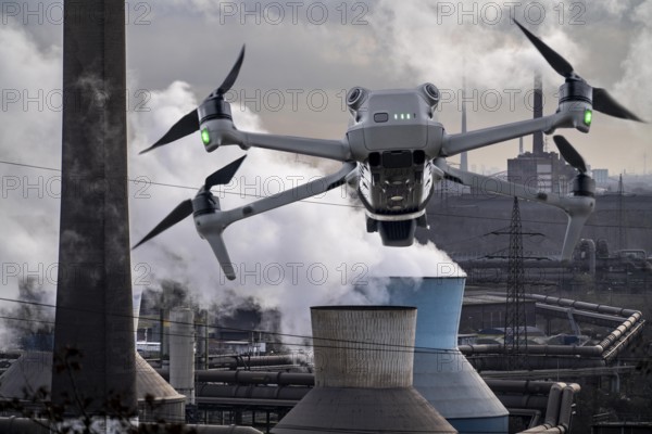 Symbolic image, photomontage, reconnaissance, spying with drones in industrial plants, critical