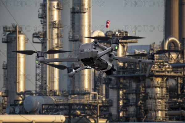 Symbolic image, photomontage, reconnaissance, spying with drones in industrial plants, critical
