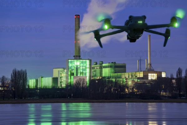 Symbolic image, photomontage, reconnaissance, spying with drones in industrial plants, critical