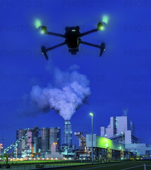 Symbolic image, photomontage, reconnaissance, spying with drones in industrial plants, critical