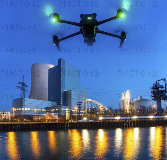 Symbolic image, photomontage, reconnaissance, spying with drones in industrial plants, critical