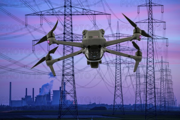 Symbolic image, photomontage, reconnaissance, spying with drones in industrial plants, critical