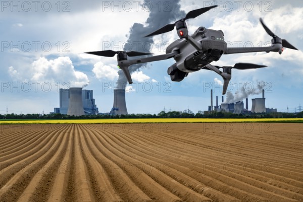 Symbolic image, photomontage, reconnaissance, spying with drones in industrial plants, critical