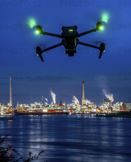 Symbolic image, photomontage, reconnaissance, spying with drones in industrial plants, critical