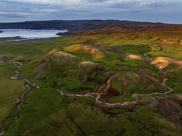 Mountain landscape, hot springs, aerial view, evening light, summer, Krysuvik, Reykjanes Peninsula,