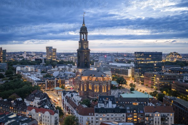Aerial view of the main church St. Michaelis with a view of Reeperbahn, Dancing Towers and Bunker