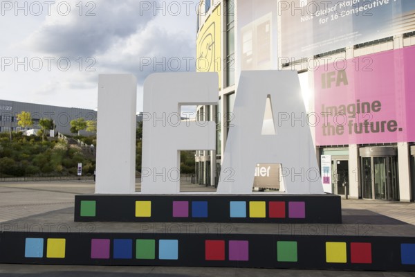 The IFA logo stands in front of the south entrance of Messe Berlin at the IFA consumer electronics