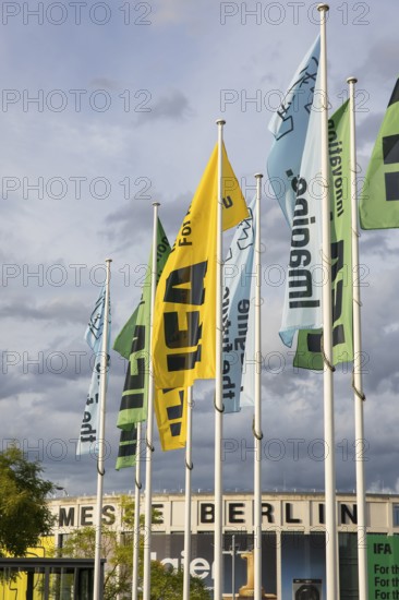 IFA flags fly in front of the south entrance of Messe Berlin at the IFA consumer electronics