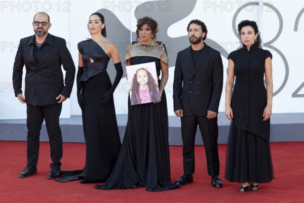 Venice, Italy - 3 September 2025: Amer Hlehel, Saja Kilani, Kaouther Ben Hania, Motaz Malhees and