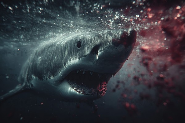 A shark swims menacingly in blood-soaked water with open mouth and sharp teeth, AI generated, AI