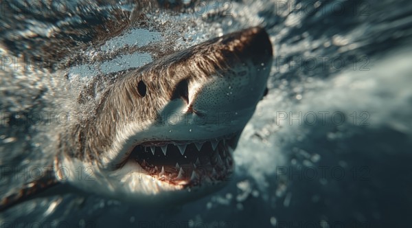 A shark swims dynamically underwater, with open jaws and visible teeth in a blue environment, AI
