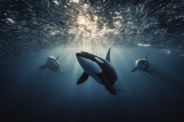 Three orcas swim underwater in a shoal of herring in the penetrating sunlight, AI generated, AI