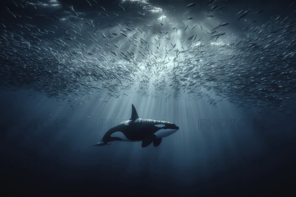 An orca swims beneath a swarm of herring in the oceanic depths, pierced by sunlight, AI generated,