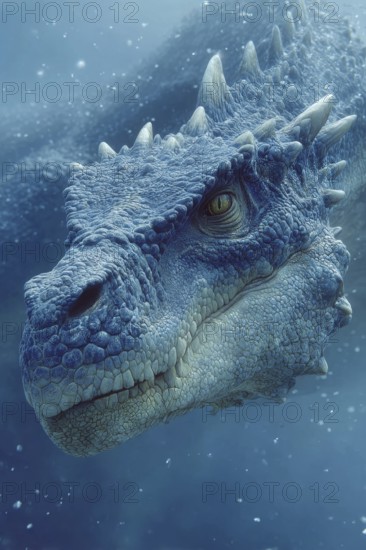 Portrait, close-up of an underwater dinosaur, dinosaur under the water surface, illuminated by sun