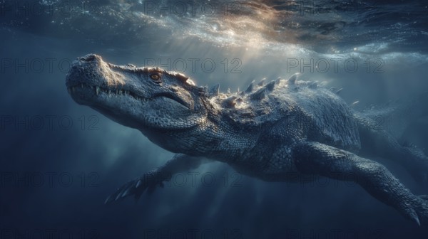 A dinosaur underwater dinosaur, dinosaur swims majestically under the water surface, illuminated by