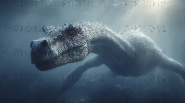 A dinosaur underwater dinosaur, dinosaur swims majestically under the water surface, illuminated by