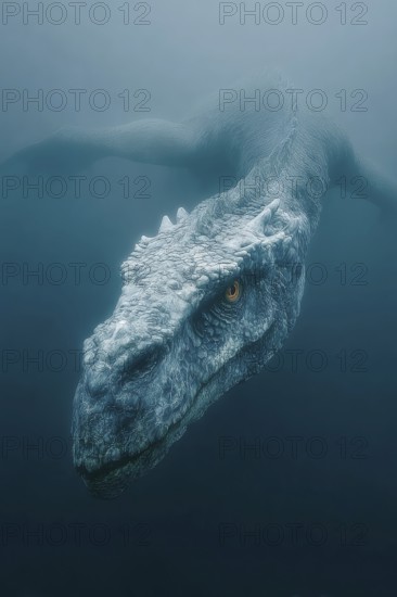 Underwater dinosaur, dinosaur swims majestically under the water surface, illuminated by sunbeams,