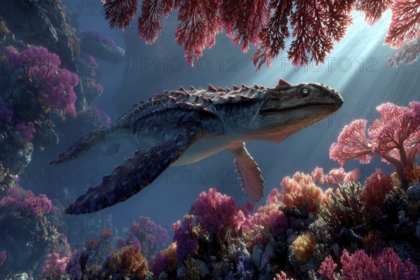 A dinosaur, underwater dinosaur, pliosaur swims through a colourful underwater world with sunbeams