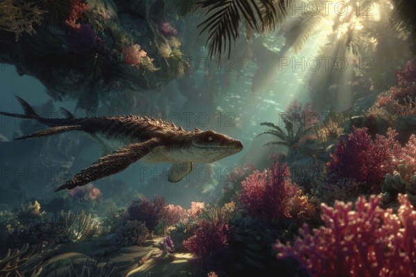 A dinosaur, underwater dinosaur, pliosaur swims through a colourful underwater world with sunbeams