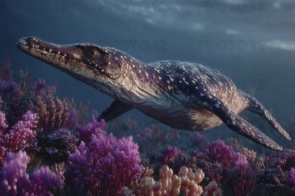 A dinosaur, underwater dinosaur, pliosaur swims through a colourful underwater world with sunbeams