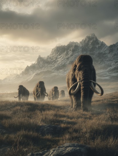 A herd of mammoths marches through a grassy landscape in front of a mountain range, AI generated,