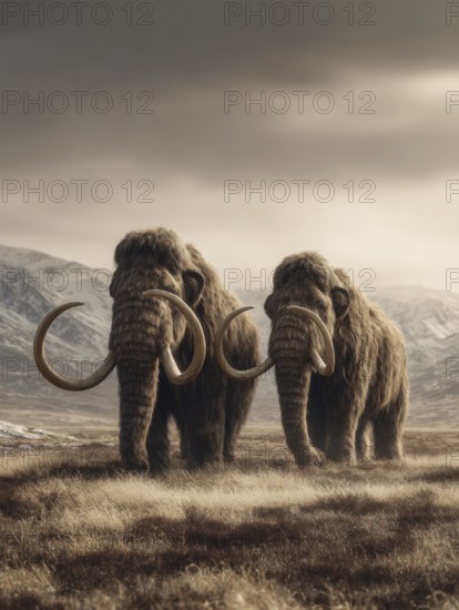 Two mammoths wander through a rough, brown-grey landscape with mountains in the background, AI