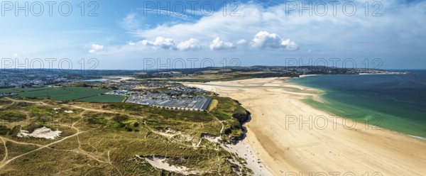 Panorama of Hayle Beach and Hayle Estuary from drone, St Ives Bay, Cornwall, England, United