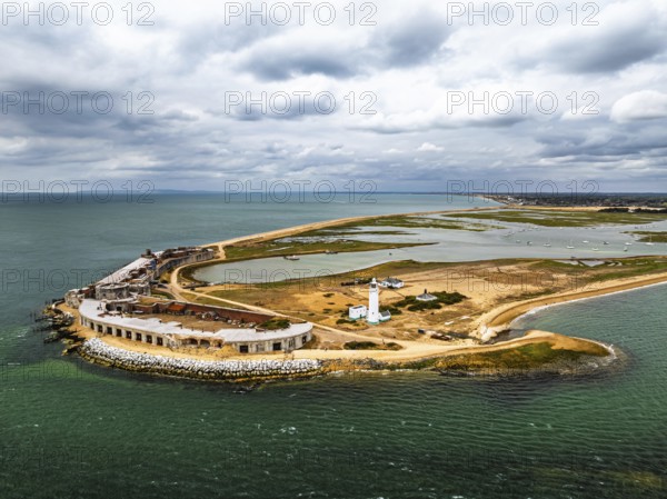 Hurst Point Lighthouse and Hurst Castle from drone over Hurst Spit, Milford on Sea, Lymington,