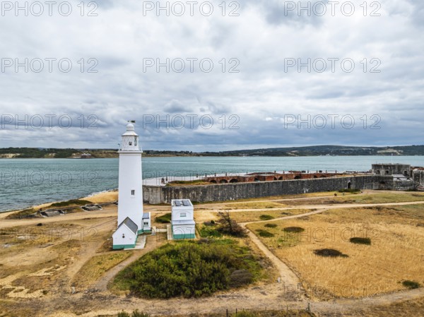 Hurst Point Lighthouse and Hurst Castle from drone over Hurst Spit, Milford on Sea, Lymington,