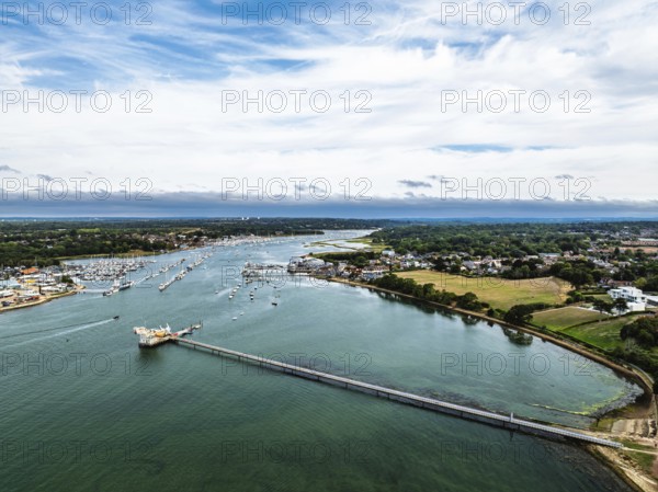 River Hamble over Warsash Maritime Academy Pier from drone, Hamble-le-Rice, Warsash, Southampton