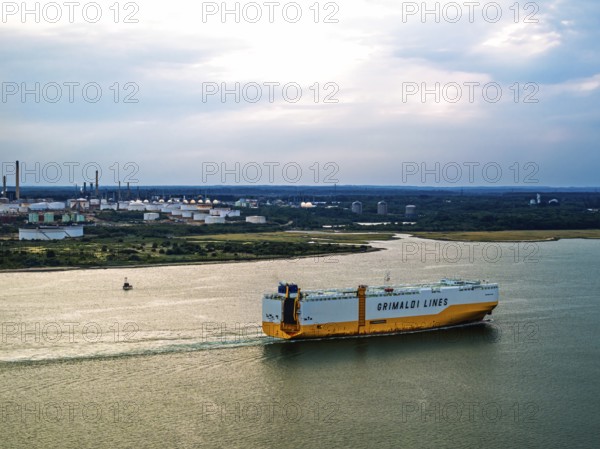 Grimaldi Lines Vehicles Carrier Grande Texas over refinery Esso Oil Terminal from drone,