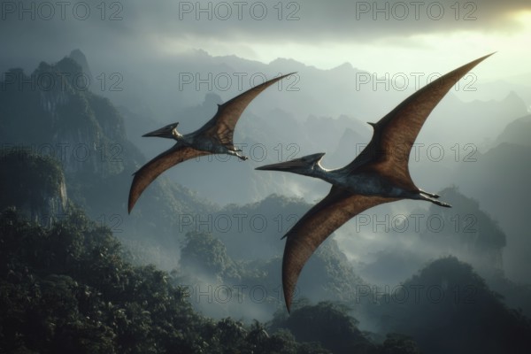 Two flying dinosaurs, dinosaur, flying reptile, pterosaur sailing over a primeval landscape, AI