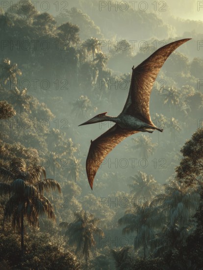 A flying dinosaur, dinosaur, flying reptile, pterosaur sails over a primeval landscape, jungle, AI