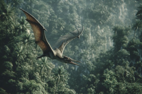 A pterosaur, dinosaur, flying reptile, pterosauria sails over a primeval landscape, jungle, AI
