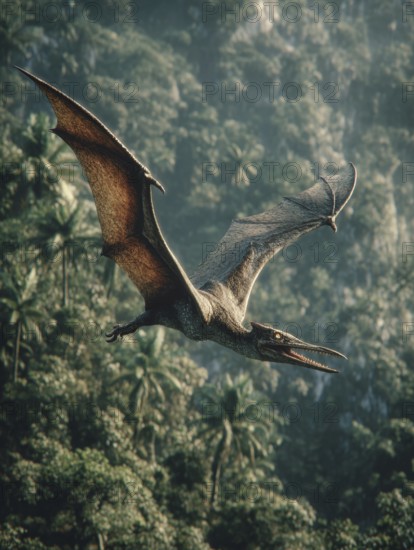 A pterosaur, dinosaur, flying reptile, pterosauria sails over a primeval landscape, jungle, AI