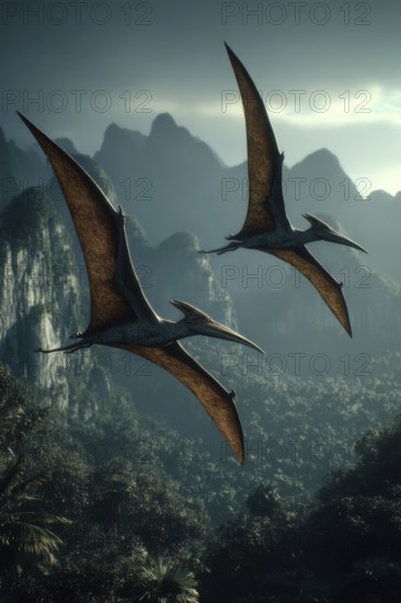 Two flying dinosaurs, dinosaur, flying reptile, pterosauria soar over a primeval landscape, AI