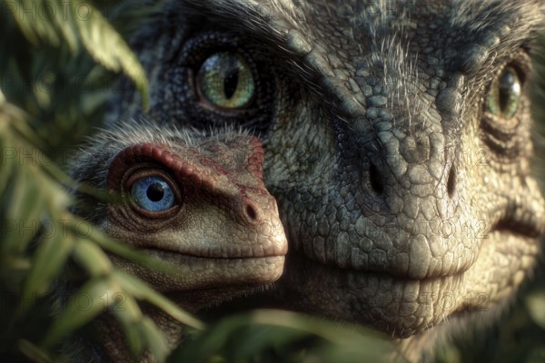Romanticised depiction of a young dinosaur, baby dinosaur being lovingly cared for by its mother,