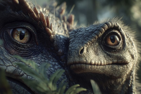 Romanticised depiction of a young dinosaur, baby dinosaur being lovingly cared for by its mother,