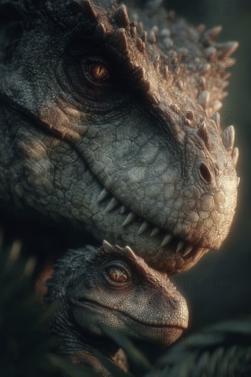 Romanticised depiction of a young dinosaur, baby dinosaur being lovingly cared for by its mother,
