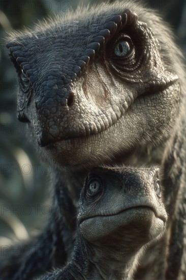 Romanticised depiction of a young dinosaur, baby dinosaur being lovingly cared for by its mother,