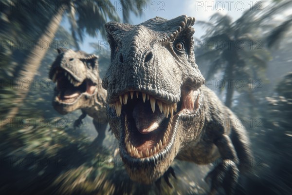 Two angry, dinosaurs, tyrannosaur with bared teeth running through a jungle, AI generated, AI