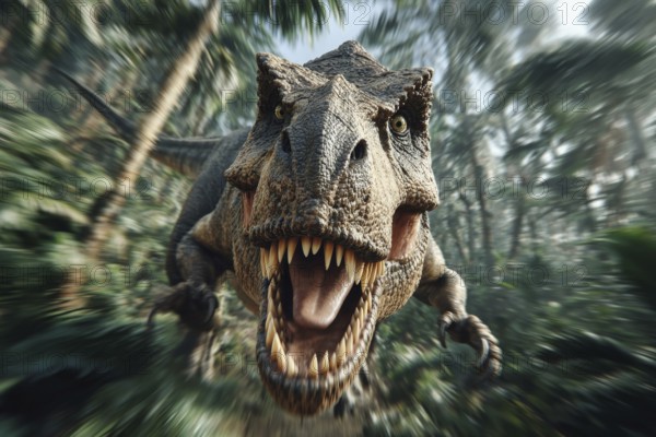 An angry, dinosaur, tyrannosaurus, tyrannosaurus with baring teeth runs through a jungle, AI